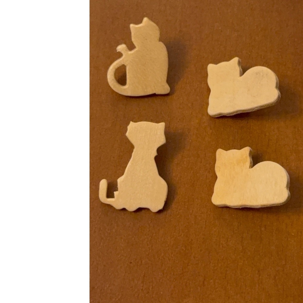Vintage Handmade Wood Cat Thumbtacks Natural Wood Push Pins Set of 4